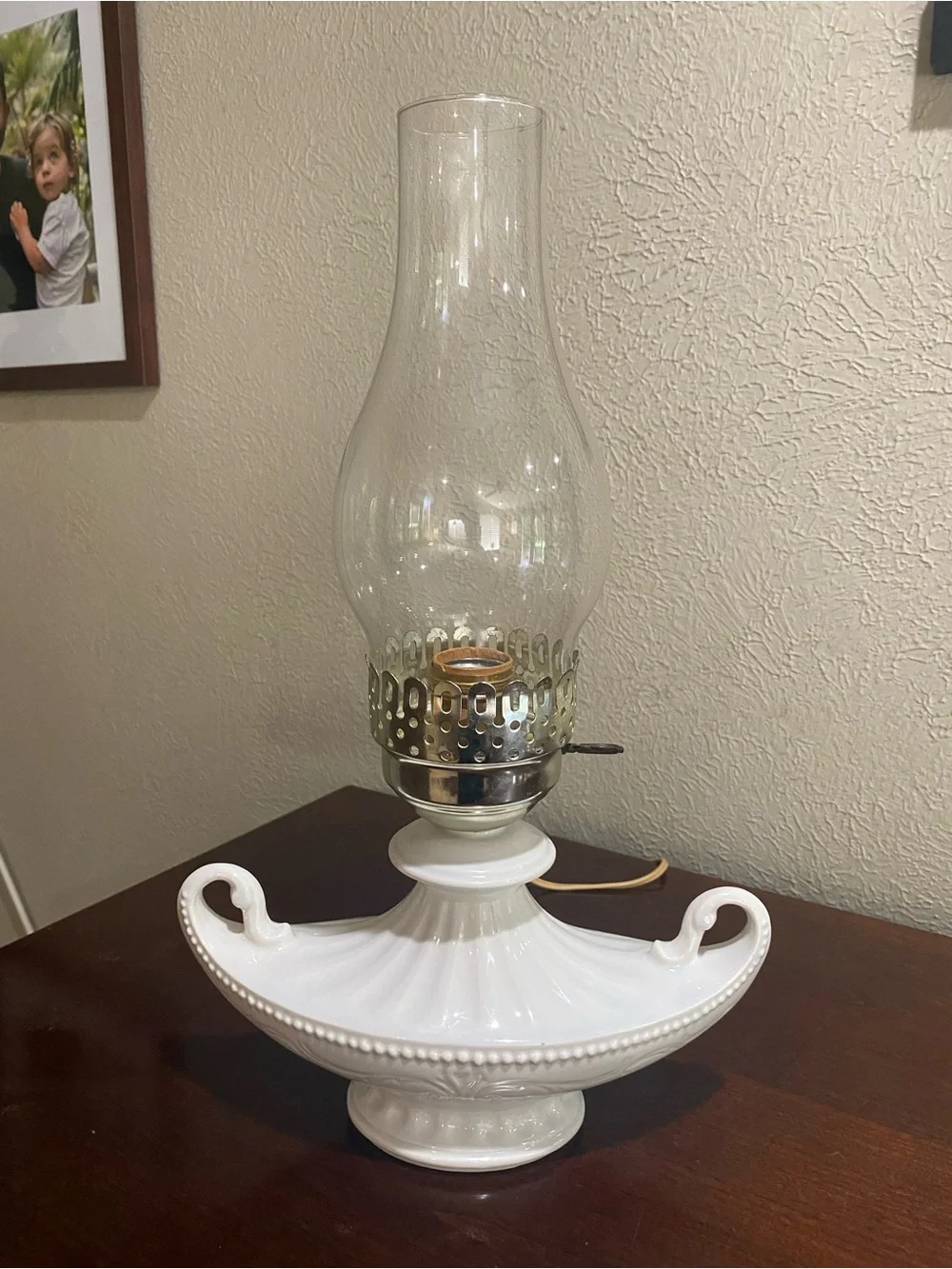 Vintage, Milk Glass Electric Hurricane Lamp, Wide Handled Base and Glass Chimney